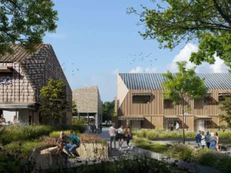 Perpendicular Architecture, humblebee and changebuilding, with a team including EcoSystems Exterior Architecture and Arup with Positive+ House which uses the latest in industry digitalisation and a distributed offsite manufacturing.