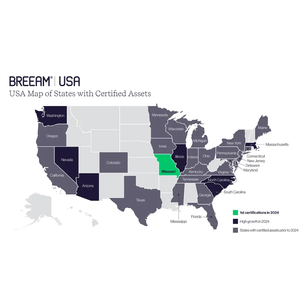 USA Map with certified BREEAM USA states identified